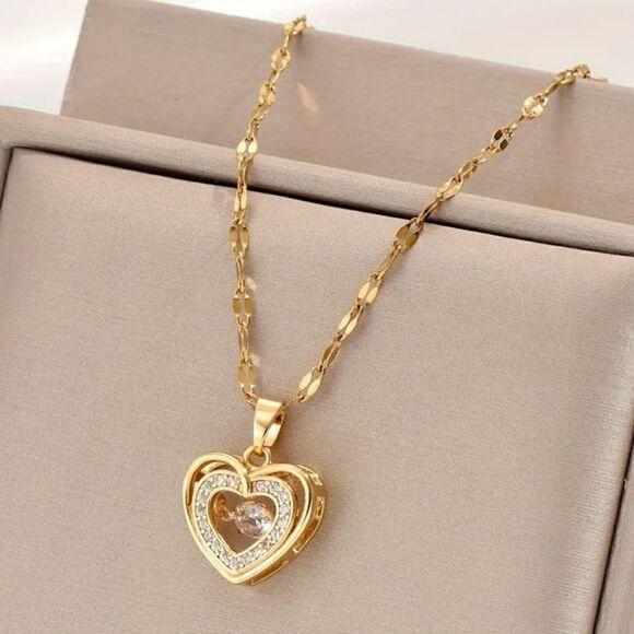 Double-layer three-dimensional gold heart love shspe stainless steel necklace - Picture 6 of 6